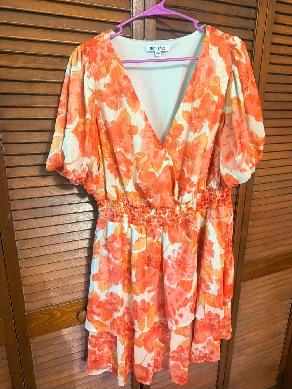 Mimi Chica Orange Floral V-Neck Puff Sleeve Tiered Mini Dress